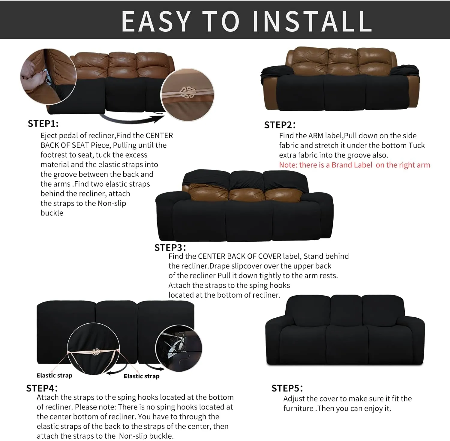 Easy-Going PU Leather Recliner Sofa Slipcovers, Waterproof Stretch Sofa Covers, 8 Pieces Stretch Furniture Protector, Elastic Strap Shield Pets Kids Children Cats Dogs Black