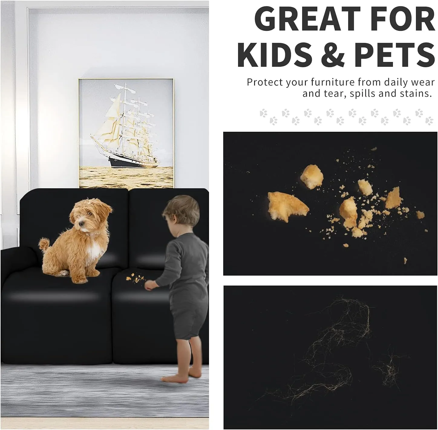 Easy-Going PU Leather Recliner Sofa Slipcovers, Waterproof Stretch Sofa Covers, 8 Pieces Stretch Furniture Protector, Elastic Strap Shield Pets Kids Children Cats Dogs Black