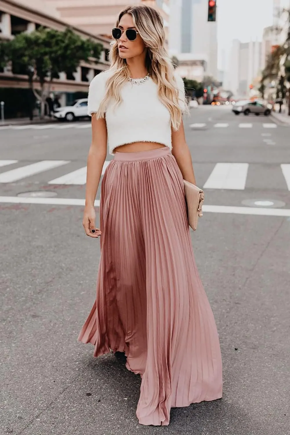 ebossy Women's High Waist Flowy Pleated Chiffon Maxi Skirt
