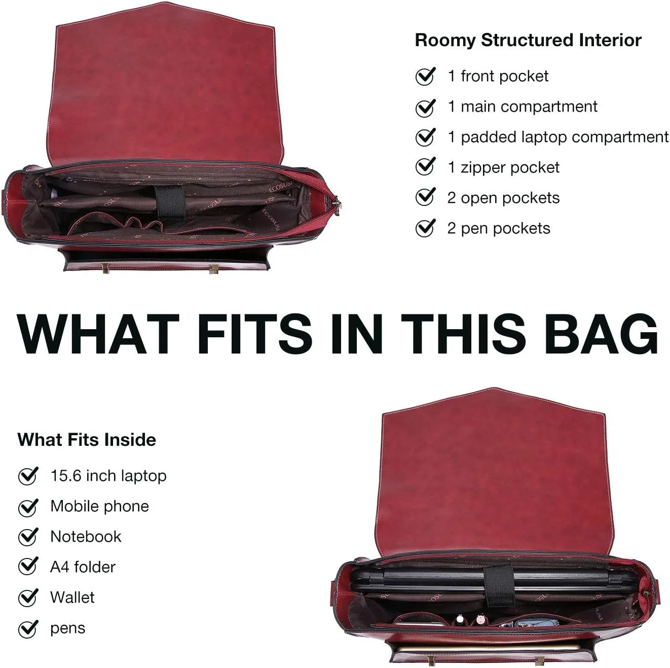ECOSUSI Backpack for Women Briefcase Messenger Laptop Bag Vegan Leather Satchel Work Bags Fits 15.6 inch Laptops, Red