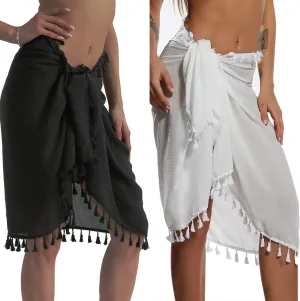 Eicolorte Beach Sarong Pareo Womens Semi-Sheer Swimwear Cover Ups Short Skirt with Tassels