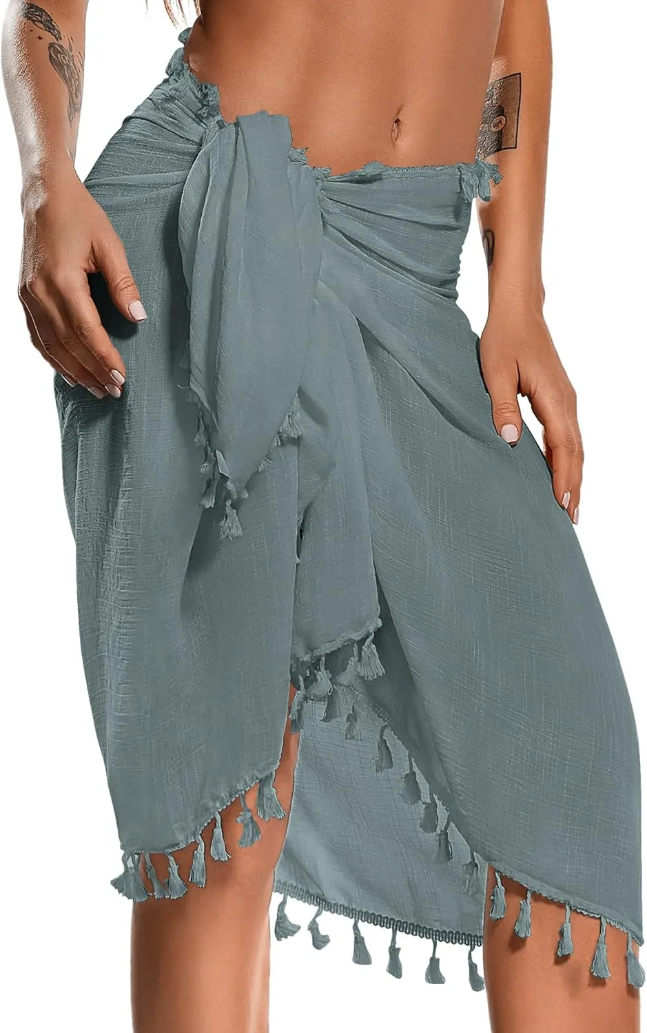 Eicolorte Beach Sarong Pareo Womens Semi-Sheer Swimwear Cover Ups Short Skirt with Tassels