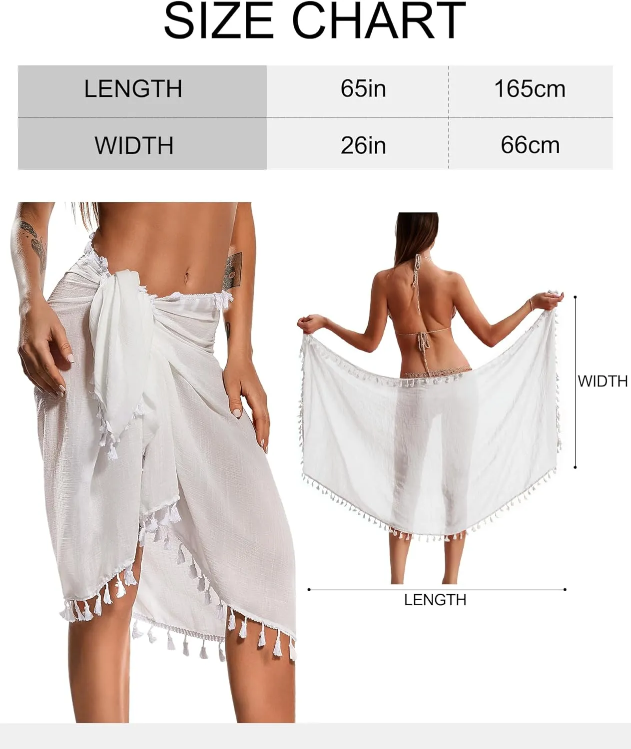 Eicolorte Beach Sarong Pareo Womens Semi-Sheer Swimwear Cover Ups Short Skirt with Tassels