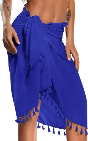 Eicolorte Beach Sarong Pareo Womens Semi-Sheer Swimwear Cover Ups Short Skirt with Tassels