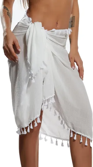 Eicolorte Beach Sarong Pareo Womens Semi-Sheer Swimwear Cover Ups Short Skirt with Tassels