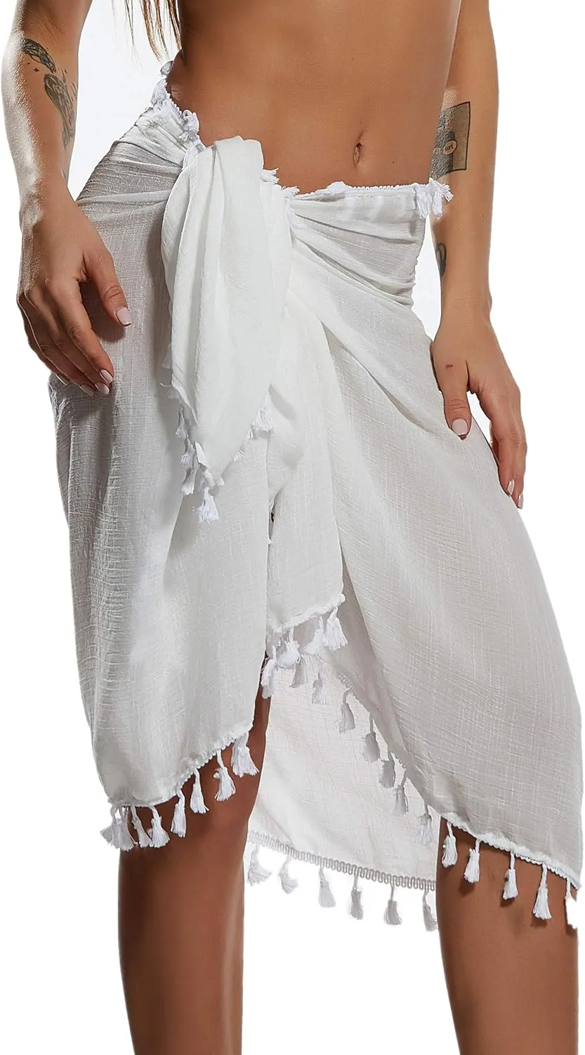 Eicolorte Beach Sarong Pareo Womens Semi-Sheer Swimwear Cover Ups Short Skirt with Tassels