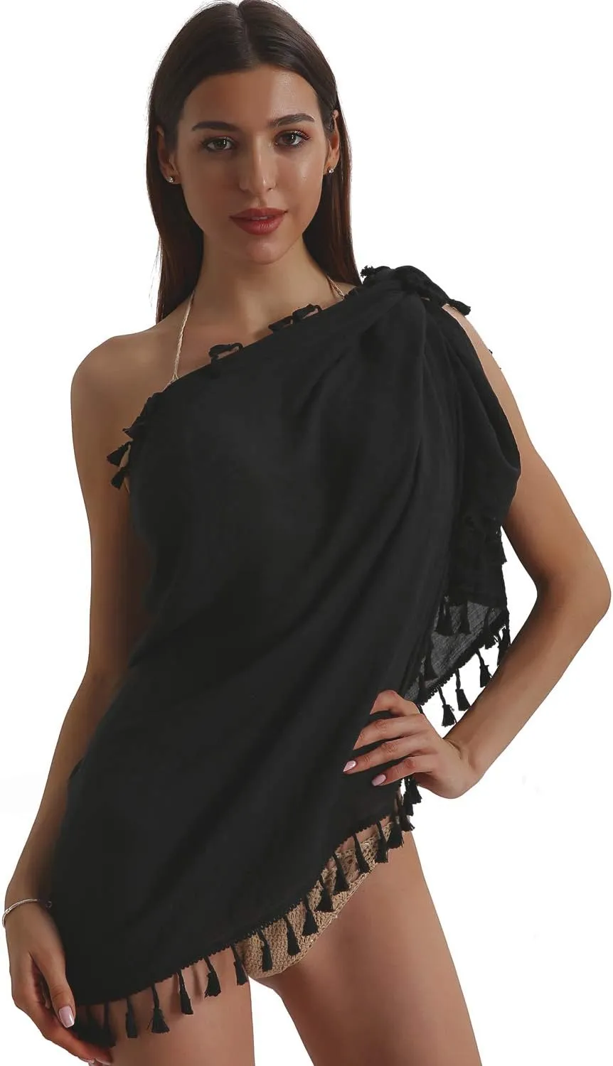 Eicolorte Beach Sarong Pareo Womens Semi-Sheer Swimwear Cover Ups Short Skirt with Tassels
