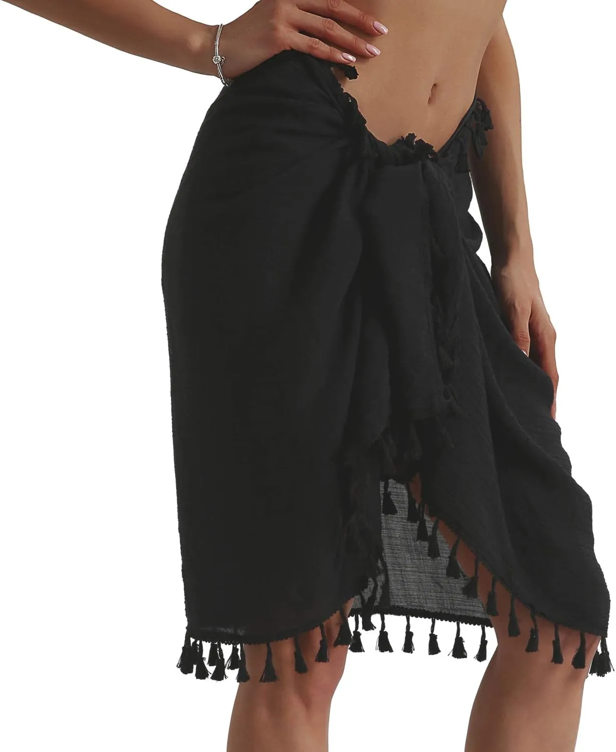 Eicolorte Beach Sarong Pareo Womens Semi-Sheer Swimwear Cover Ups Short Skirt with Tassels