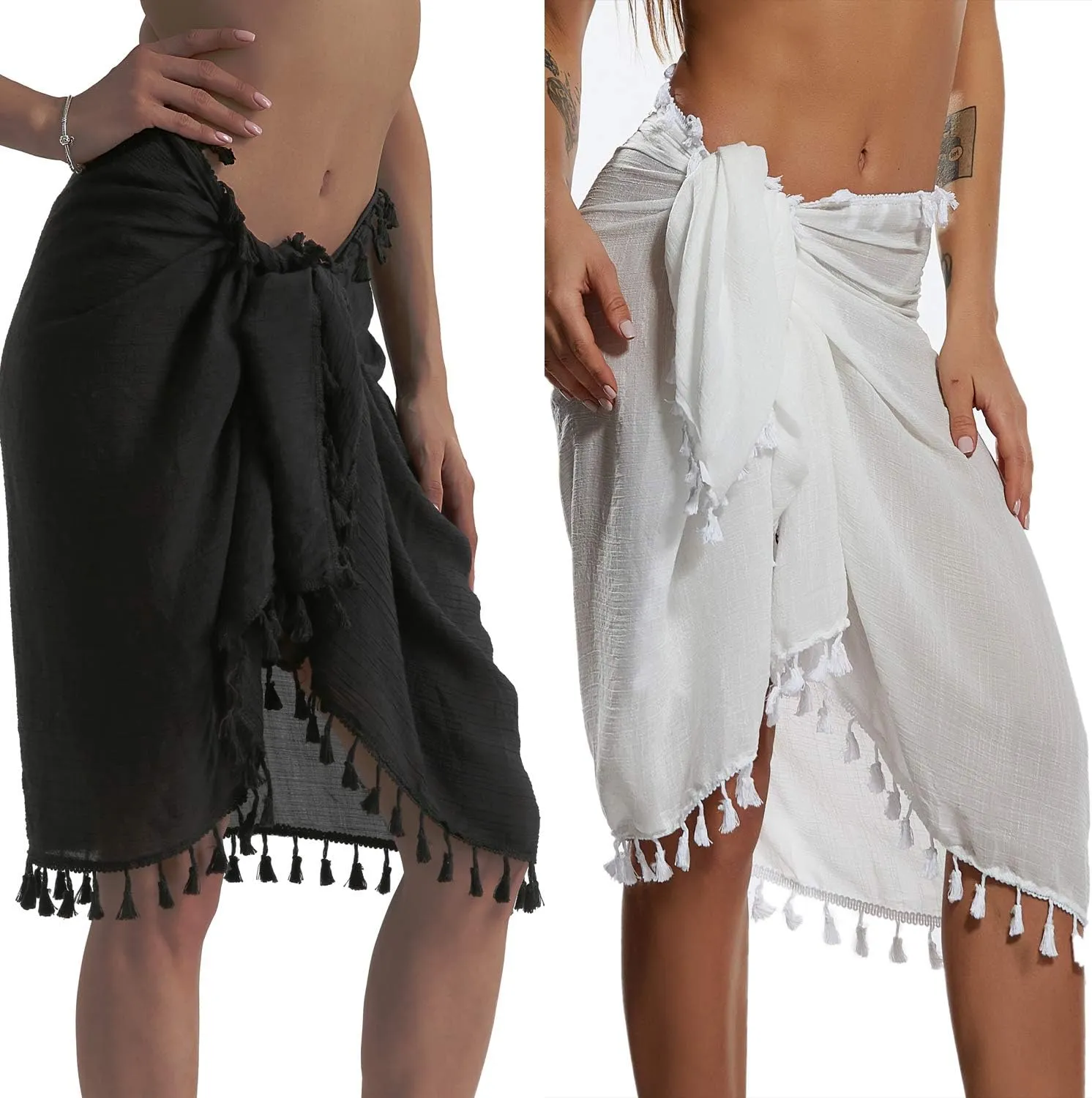 Eicolorte Beach Sarong Pareo Womens Semi-Sheer Swimwear Cover Ups Short Skirt with Tassels
