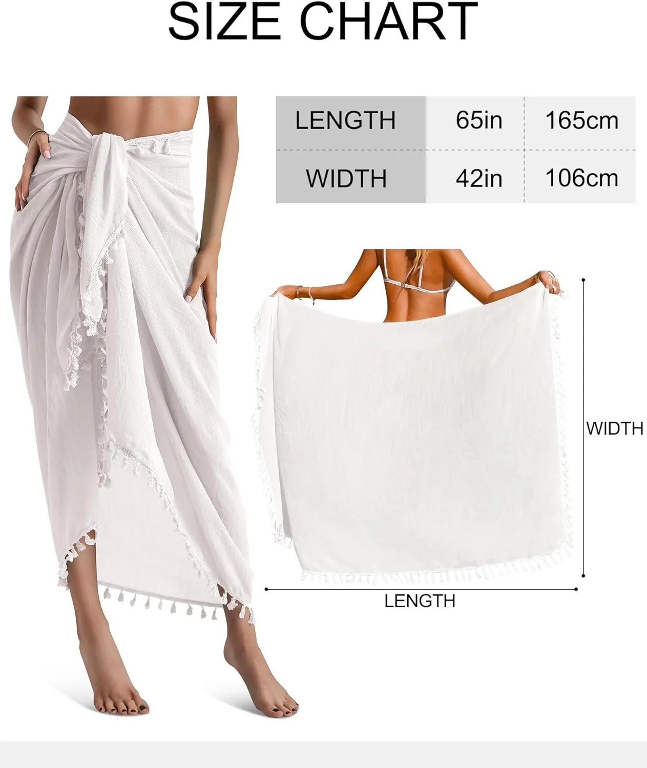 Eicolorte Beach Sarong Pareo Womens Semi-Sheer Swimwear Cover Ups Short Skirt with Tassels