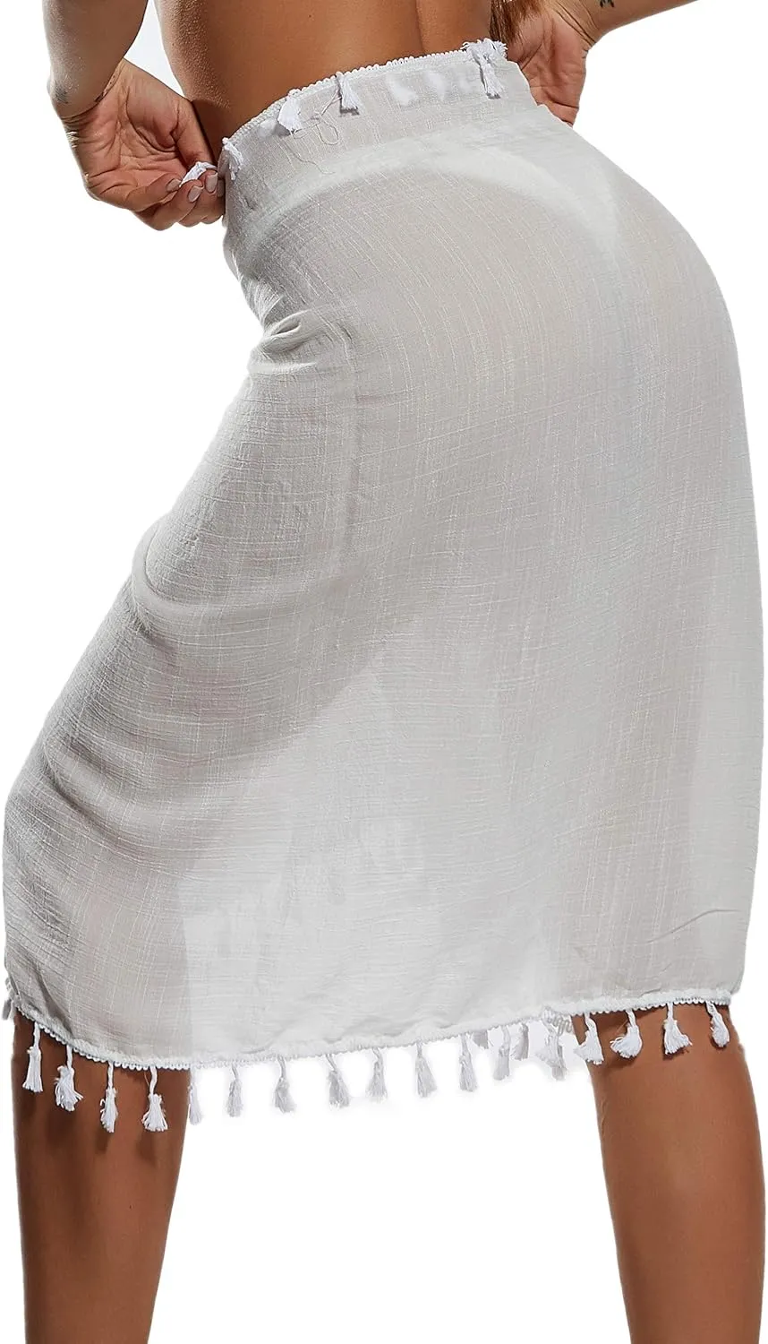 Eicolorte Beach Sarong Pareo Womens Semi-Sheer Swimwear Cover Ups Short Skirt with Tassels