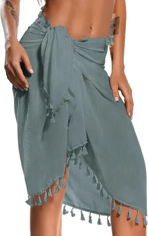 Eicolorte Beach Sarong Pareo Womens Semi-Sheer Swimwear Cover Ups Short Skirt with Tassels