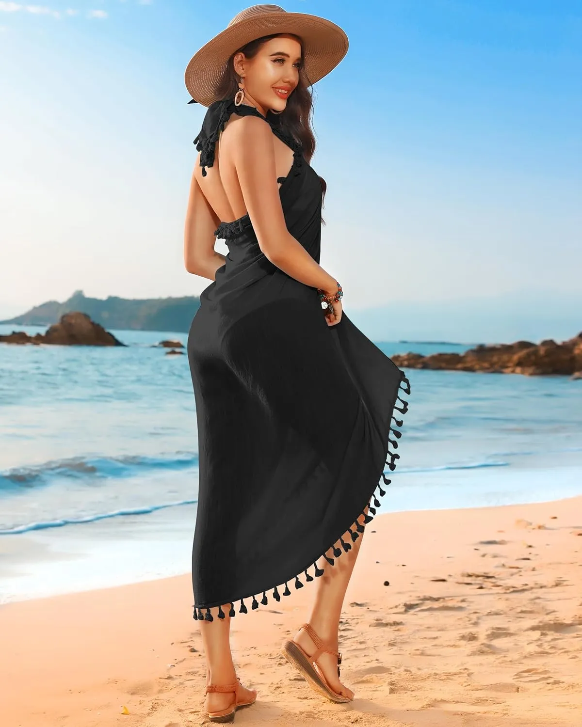 Eicolorte Beach Sarong Pareo Womens Semi-Sheer Swimwear Cover Ups Short Skirt with Tassels