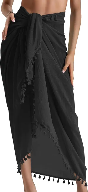 Eicolorte Beach Sarong Pareo Womens Semi-Sheer Swimwear Cover Ups Short Skirt with Tassels