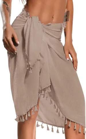 Eicolorte Beach Sarong Pareo Womens Semi-Sheer Swimwear Cover Ups Short Skirt with Tassels