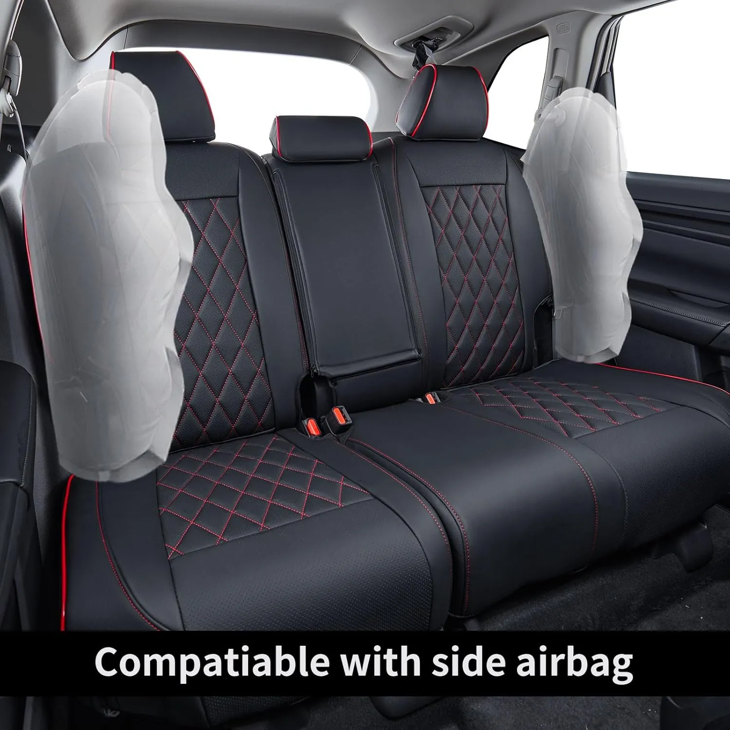EKR Custom Fit CRV Seat Covers for Select Honda CRV 2023 2024 2025 - Full Set,Leather (Black with Red Piping)