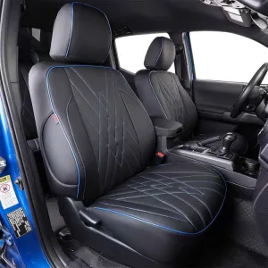EKR Custom Fit F150 Seat Covers for Ford F150/ SuperDuty SuperCab XL,XLT,Lariat 2021-2024 & 2024 F150 SuperCab STX,Tremor - Full Set,Leather(Black with Blue Trim)