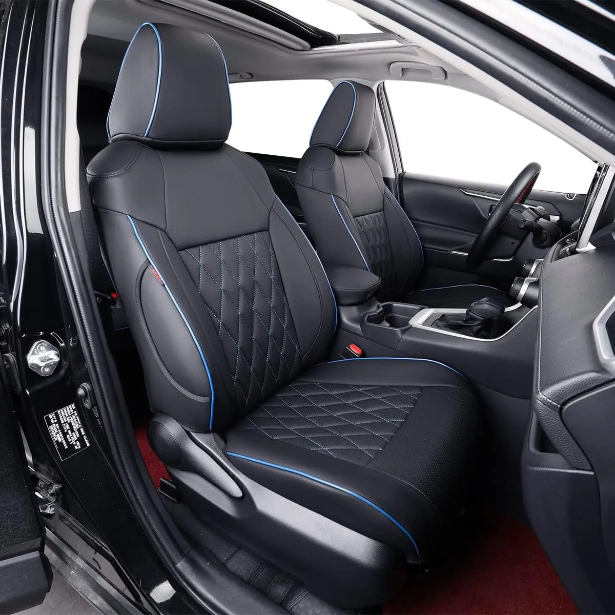 EKR Custom Fit RAV4 Car Seat Covers for Select Toyota RAV4 2019 2020 2021 2022 2023 2024 2025 LE,XLE,XLE Premium,Limited - Full Set,Leather(Black with Blue Piping)