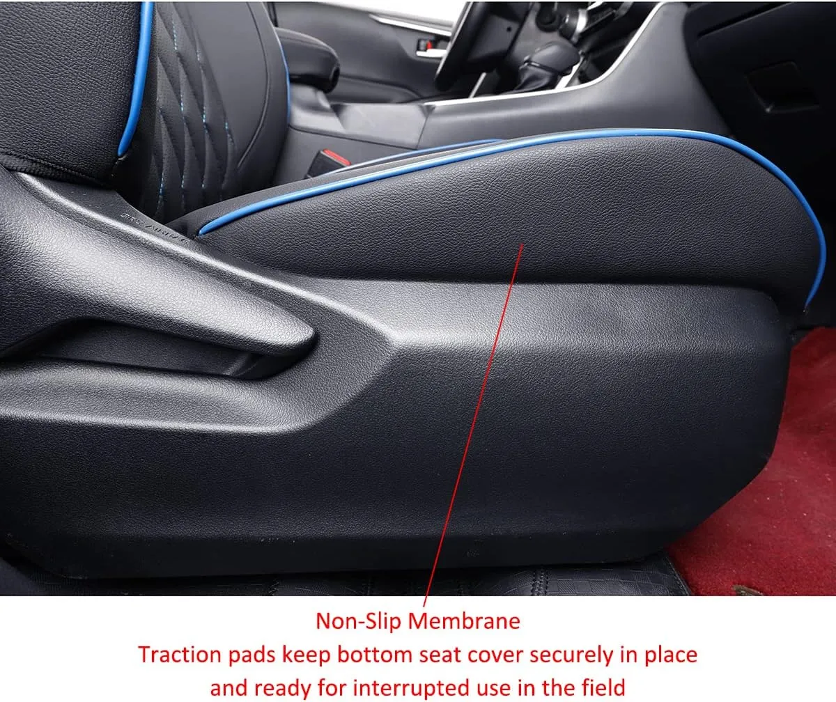 EKR Custom Fit RAV4 Car Seat Covers for Select Toyota RAV4 2019 2020 2021 2022 2023 2024 2025 LE,XLE,XLE Premium,Limited - Full Set,Leather(Black with Blue Piping)
