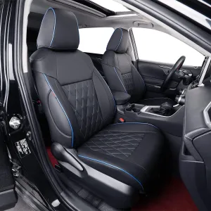 EKR Custom Fit RAV4 Car Seat Covers for Select Toyota RAV4 2019 2020 2021 2022 2023 2024 2025 LE,XLE,XLE Premium,Limited - Full Set,Leather(Black with Blue Piping)