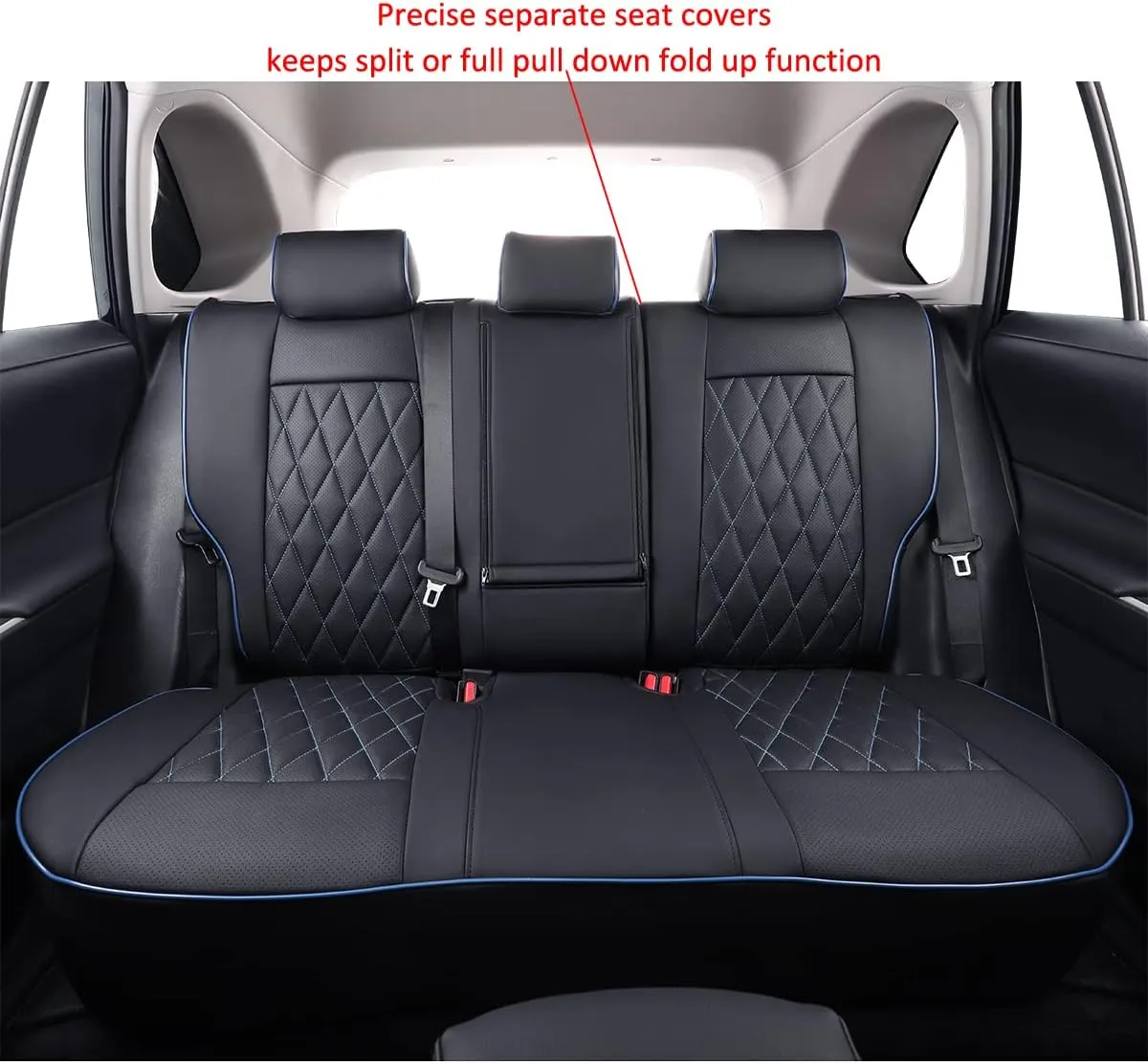 EKR Custom Fit RAV4 Car Seat Covers for Select Toyota RAV4 2019 2020 2021 2022 2023 2024 2025 LE,XLE,XLE Premium,Limited - Full Set,Leather(Black with Blue Piping)