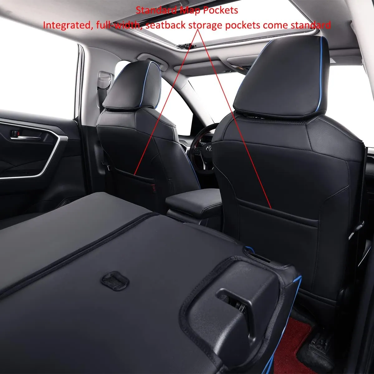 EKR Custom Fit RAV4 Car Seat Covers for Select Toyota RAV4 2019 2020 2021 2022 2023 2024 2025 LE,XLE,XLE Premium,Limited - Full Set,Leather(Black with Blue Piping)