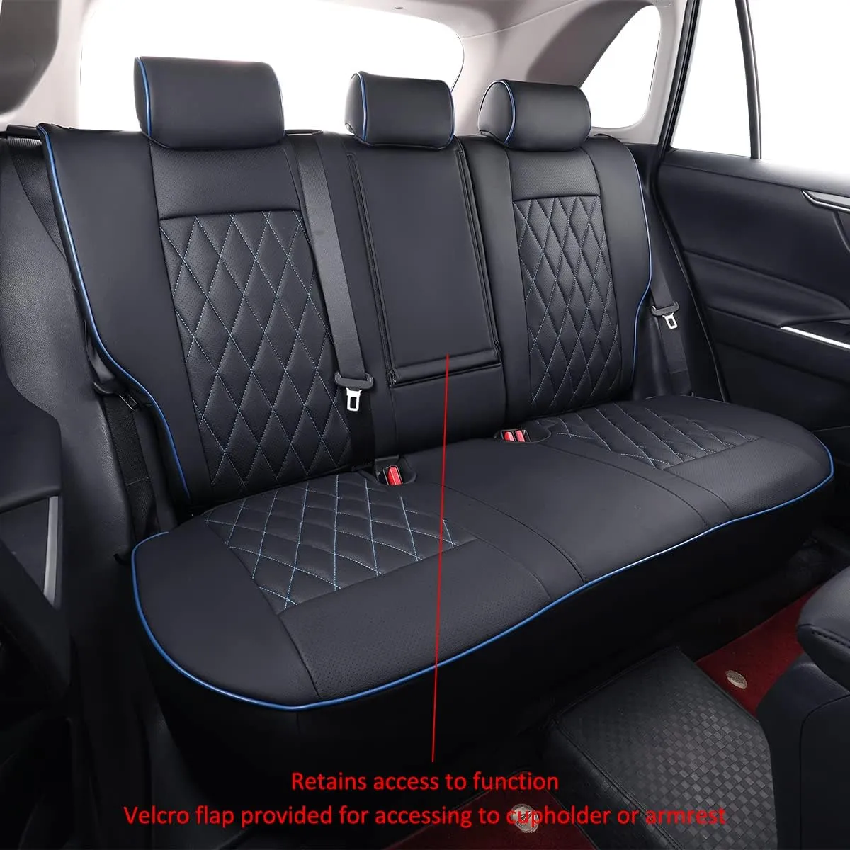 EKR Custom Fit RAV4 Car Seat Covers for Select Toyota RAV4 2019 2020 2021 2022 2023 2024 2025 LE,XLE,XLE Premium,Limited - Full Set,Leather(Black with Blue Piping)