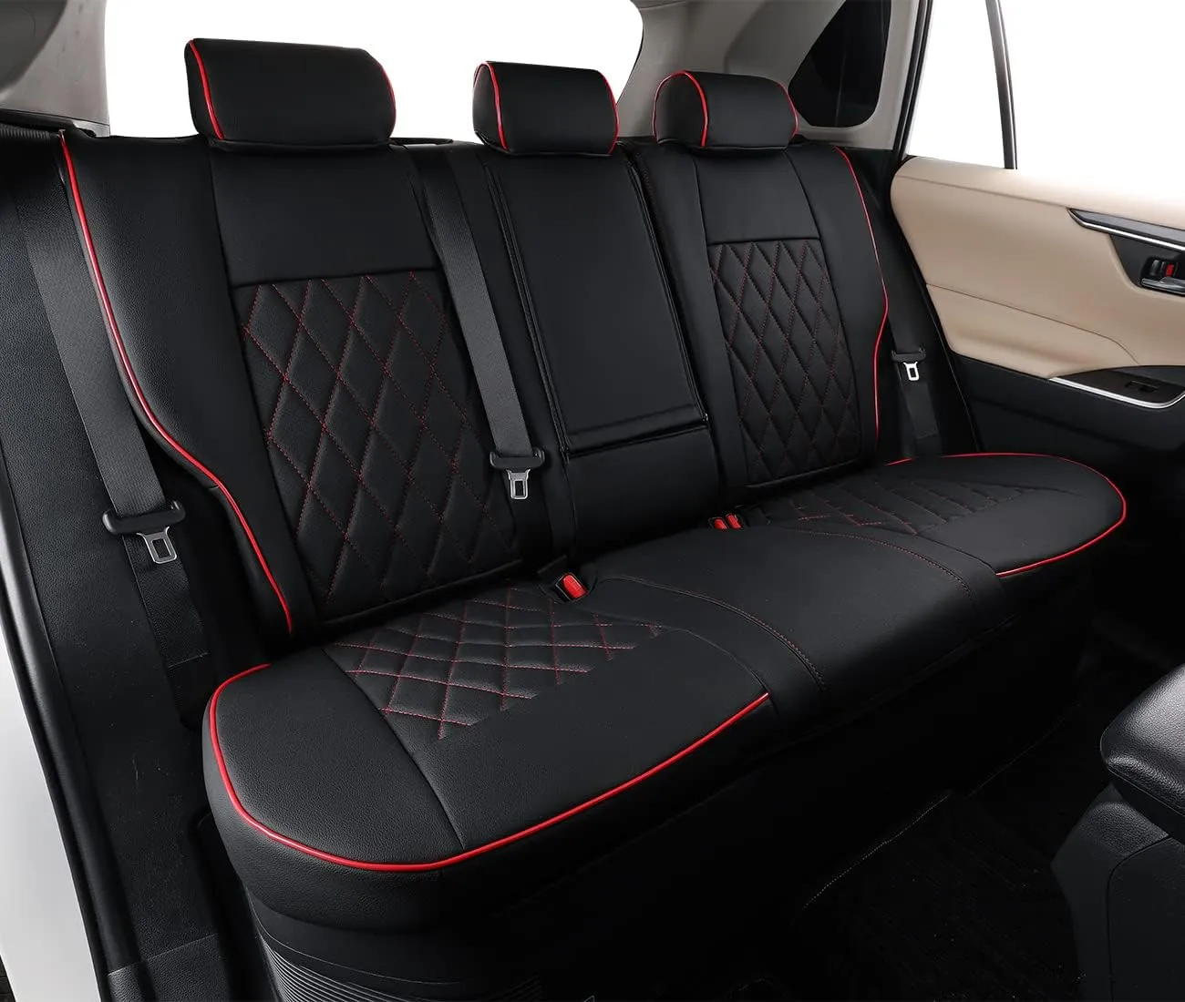 EKR Custom Fit RAV4 Car Seat Covers for Select Toyota RAV4 2019 2020 2021 2022 2023 2024 2025 LE,XLE,XLE Premium,Limited - Full Set,Leather(Black with Red Piping)
