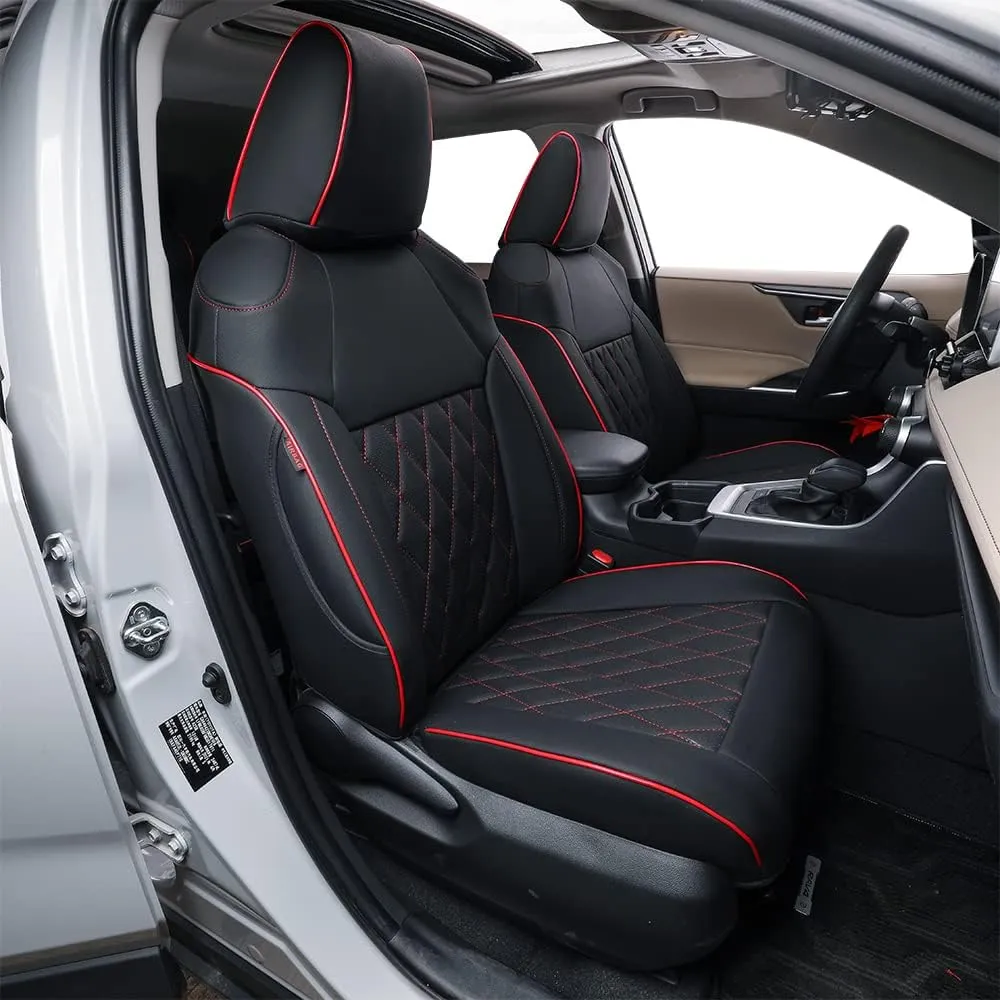 EKR Custom Fit RAV4 Car Seat Covers for Select Toyota RAV4 2019 2020 2021 2022 2023 2024 2025 LE,XLE,XLE Premium,Limited - Full Set,Leather(Black with Red Piping)