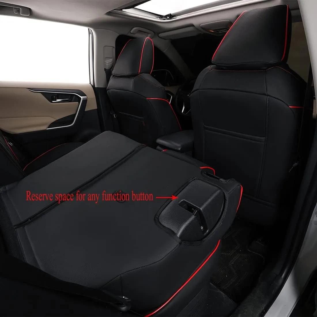 EKR Custom Fit RAV4 Car Seat Covers for Select Toyota RAV4 2019 2020 2021 2022 2023 2024 2025 LE,XLE,XLE Premium,Limited - Full Set,Leather(Black with Red Piping)