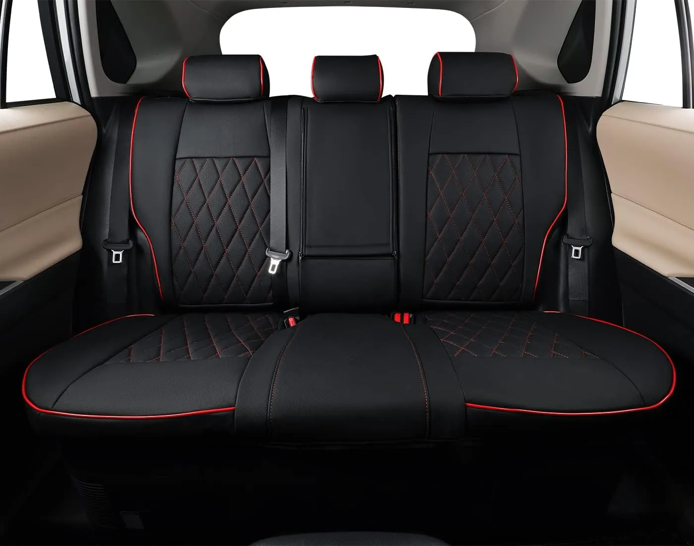 EKR Custom Fit RAV4 Car Seat Covers for Select Toyota RAV4 2019 2020 2021 2022 2023 2024 2025 LE,XLE,XLE Premium,Limited - Full Set,Leather(Black with Red Piping)