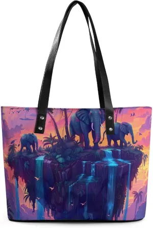 Elephant Kingdom Coconut Tree Island Women's Tote Shoulder Bag Handbag Top Handle Leather 29 * 34 * 14cm