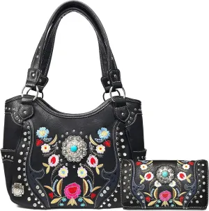 Embroidered Floral Laser Cut Turquoise Rhinestone Concho Concealed Carry Tote Hobo Purse Wallet Set