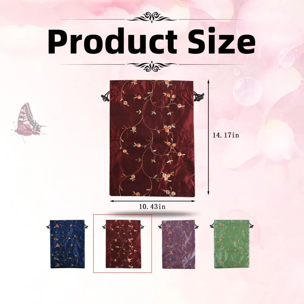 Embroidery Silk Flower Shoe Bag 4Pcs Drawstring Silk Jacquard Travel Bag Underwear Bags Washable Big Sachet Bag Storage Bags for Men Women