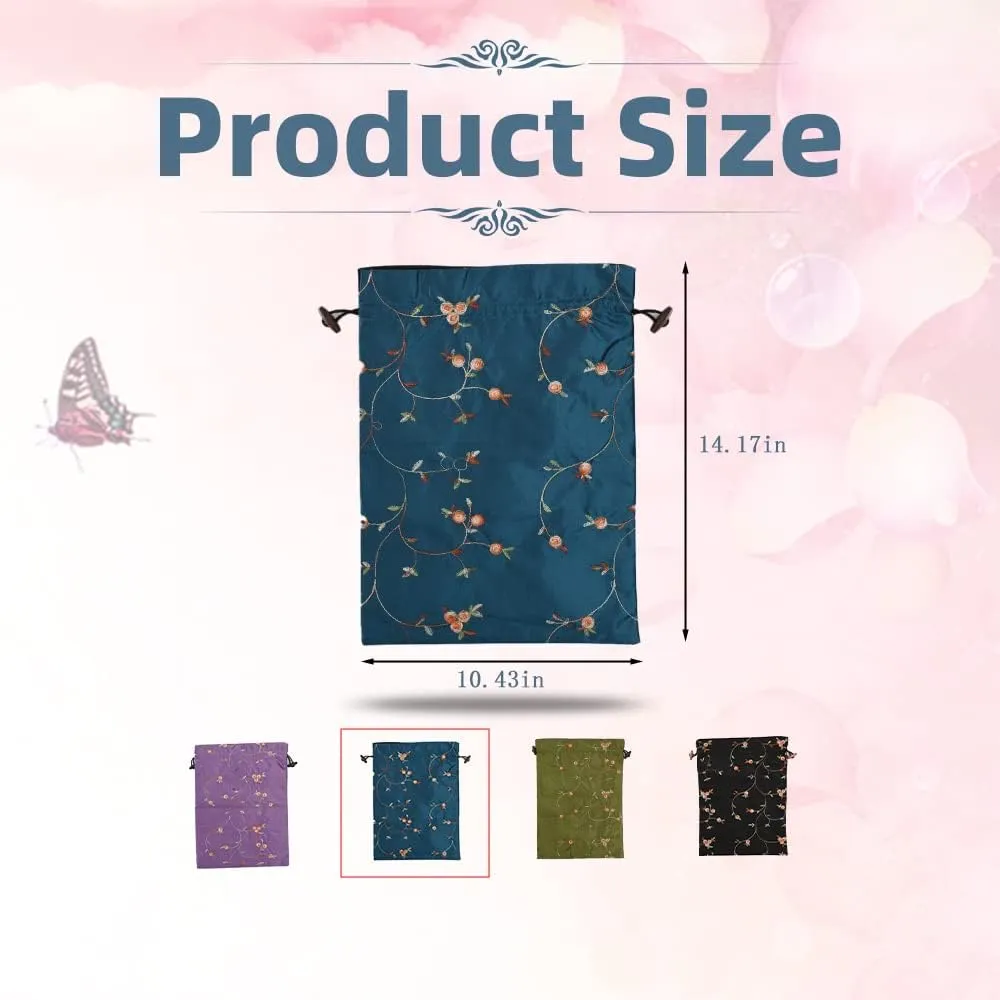 Embroidery Silk Flower Shoe Bag 4Pcs Drawstring Silk Travel Bag Jacquard Underwear Bags Washable Big Sachet Bag Storage Bags for Men Women