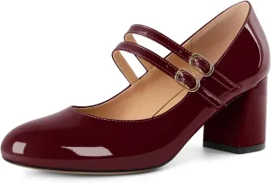 Esvowido Mary Janes Shoes for Women 2.5 Inch Double Straps Low Chunky Heels Comfortable Block Round Closed Toe Pumps in Patent Leather US Sizes 5 to 13