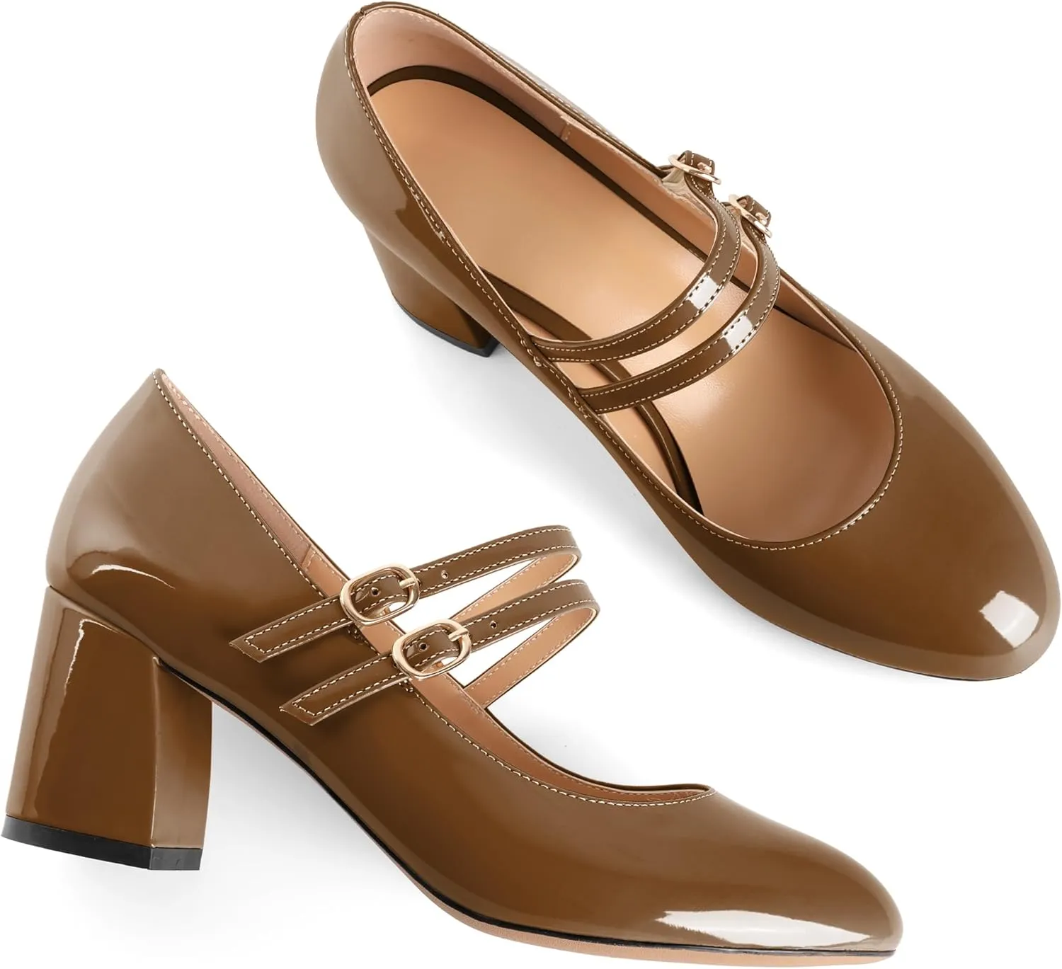 Esvowido Mary Janes Shoes for Women 2.5 Inch Double Straps Low Chunky Heels Comfortable Block Round Closed Toe Pumps in Patent Leather US Sizes 5 to 13