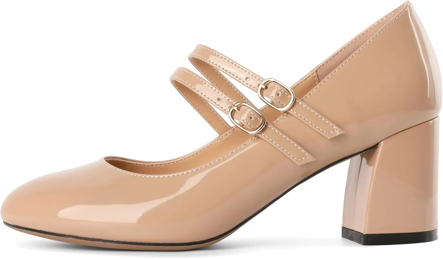 Esvowido Mary Janes Shoes for Women 2.5 Inch Double Straps Low Chunky Heels Comfortable Block Round Closed Toe Pumps in Patent Leather US Sizes 5 to 13