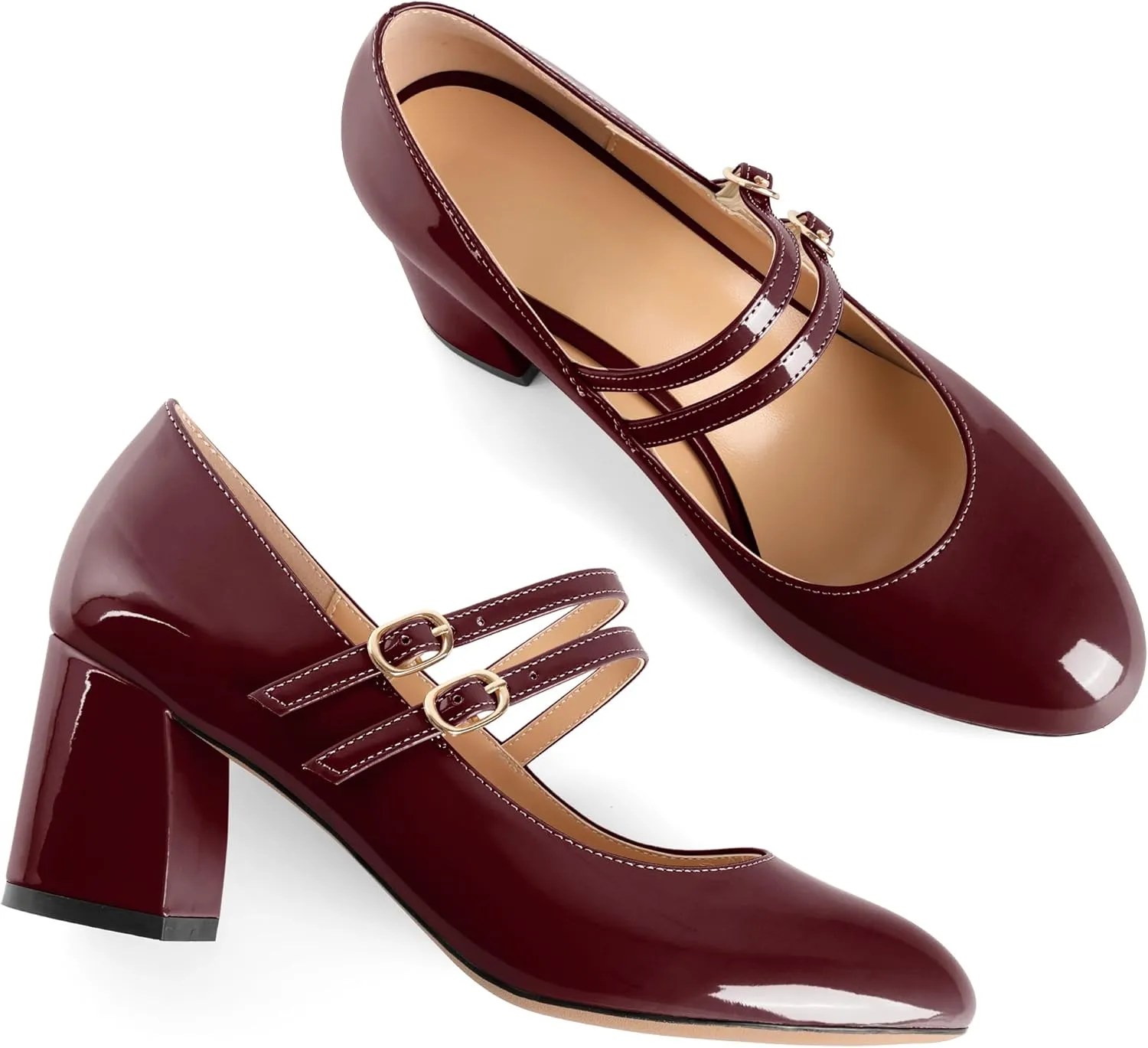 Esvowido Mary Janes Shoes for Women 2.5 Inch Double Straps Low Chunky Heels Comfortable Block Round Closed Toe Pumps in Patent Leather US Sizes 5 to 13