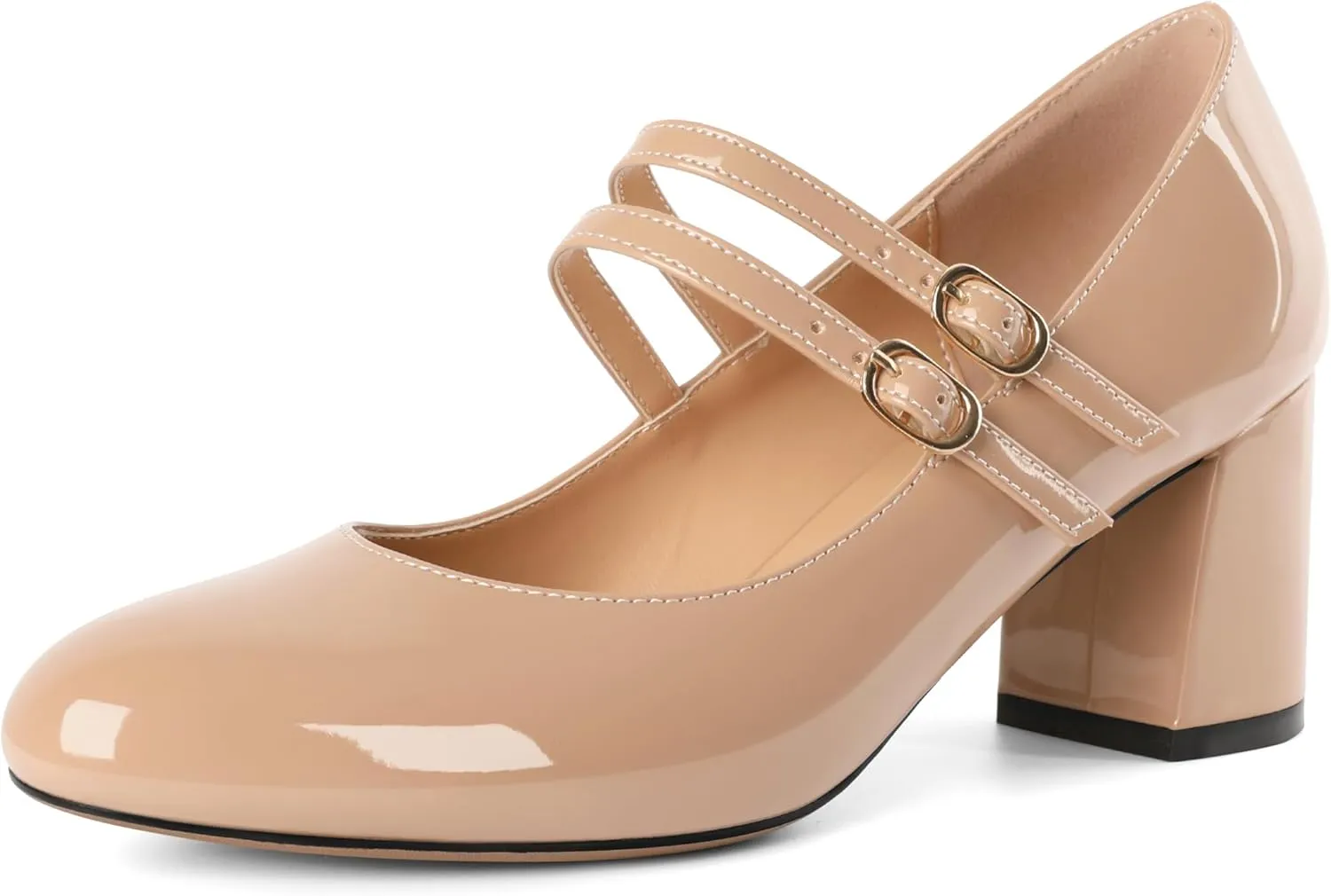 Esvowido Mary Janes Shoes for Women 2.5 Inch Double Straps Low Chunky Heels Comfortable Block Round Closed Toe Pumps in Patent Leather US Sizes 5 to 13
