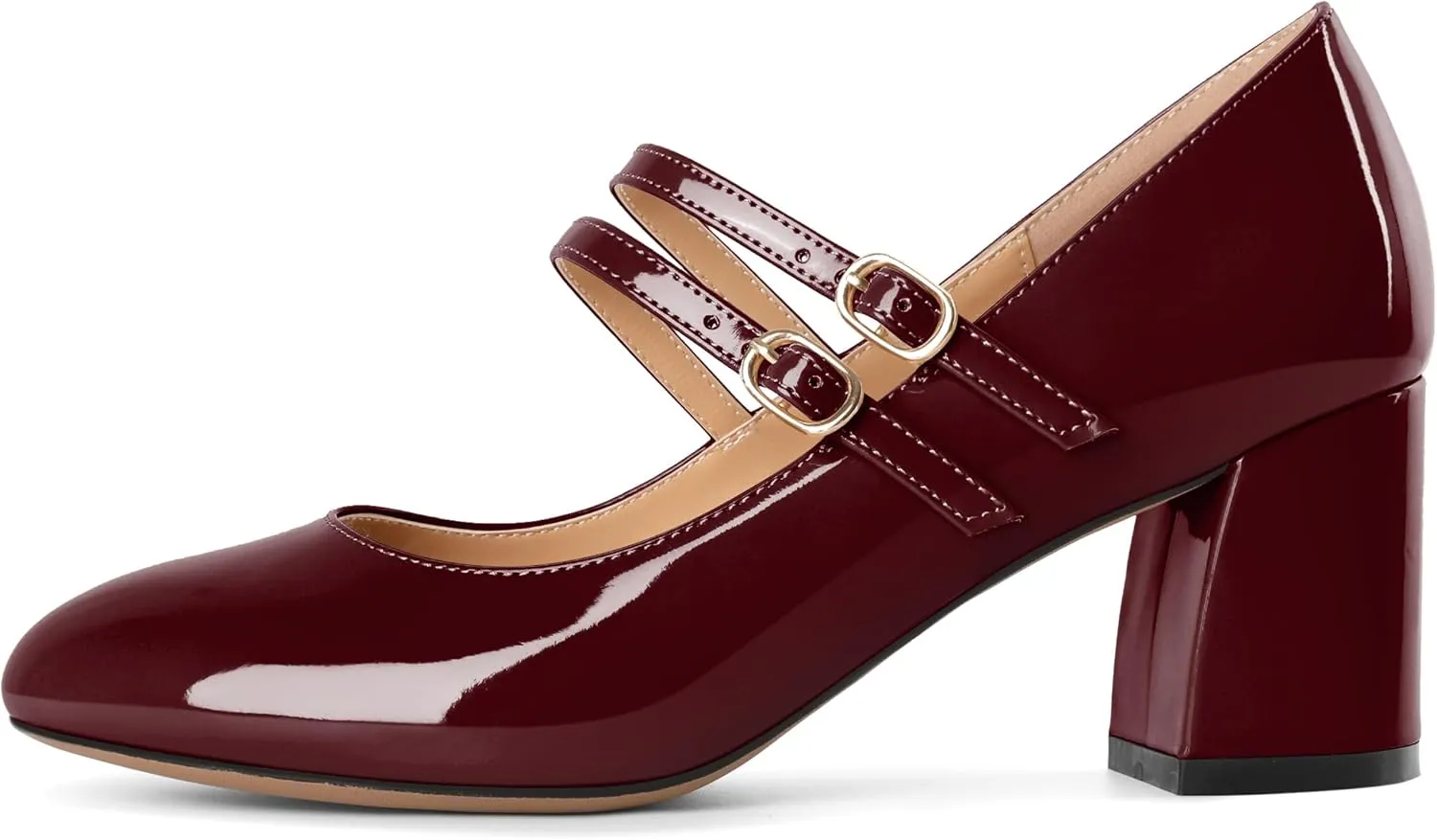Esvowido Mary Janes Shoes for Women 2.5 Inch Double Straps Low Chunky Heels Comfortable Block Round Closed Toe Pumps in Patent Leather US Sizes 5 to 13