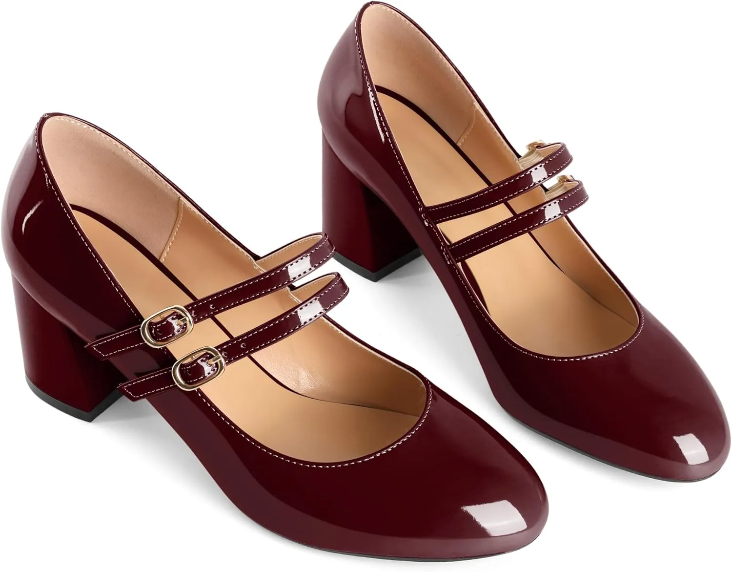 Esvowido Mary Janes Shoes for Women 2.5 Inch Double Straps Low Chunky Heels Comfortable Block Round Closed Toe Pumps in Patent Leather US Sizes 5 to 13