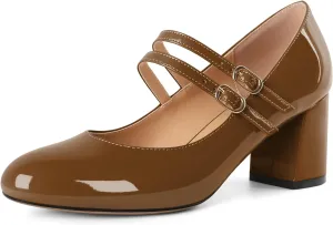 Esvowido Mary Janes Shoes for Women 2.5 Inch Double Straps Low Chunky Heels Comfortable Block Round Closed Toe Pumps in Patent Leather US Sizes 5 to 13