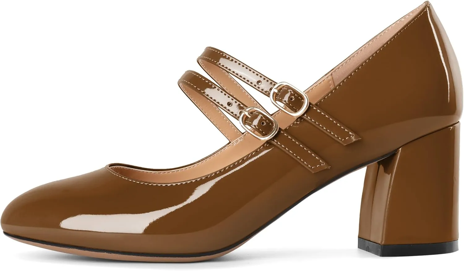 Esvowido Mary Janes Shoes for Women 2.5 Inch Double Straps Low Chunky Heels Comfortable Block Round Closed Toe Pumps in Patent Leather US Sizes 5 to 13