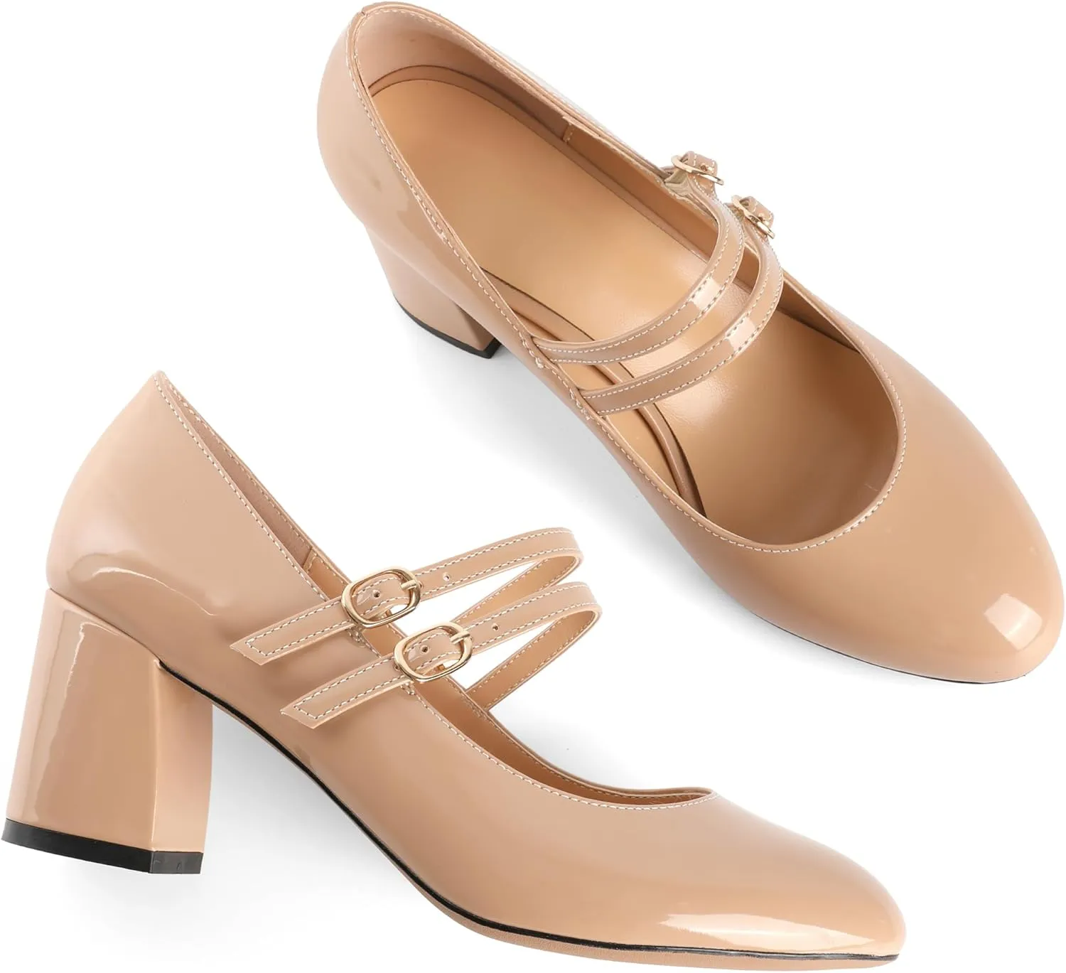 Esvowido Mary Janes Shoes for Women 2.5 Inch Double Straps Low Chunky Heels Comfortable Block Round Closed Toe Pumps in Patent Leather US Sizes 5 to 13