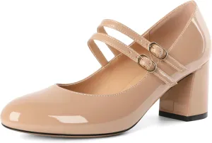 Esvowido Mary Janes Shoes for Women 2.5 Inch Double Straps Low Chunky Heels Comfortable Block Round Closed Toe Pumps in Patent Leather US Sizes 5 to 13