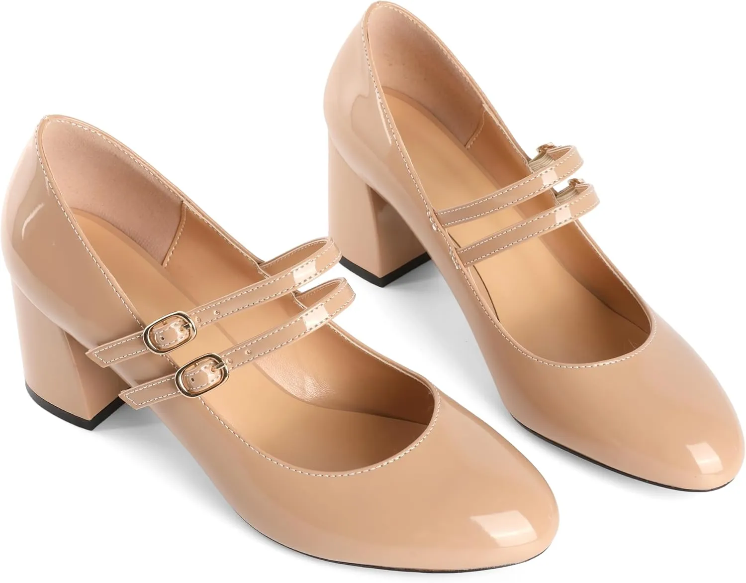 Esvowido Mary Janes Shoes for Women 2.5 Inch Double Straps Low Chunky Heels Comfortable Block Round Closed Toe Pumps in Patent Leather US Sizes 5 to 13