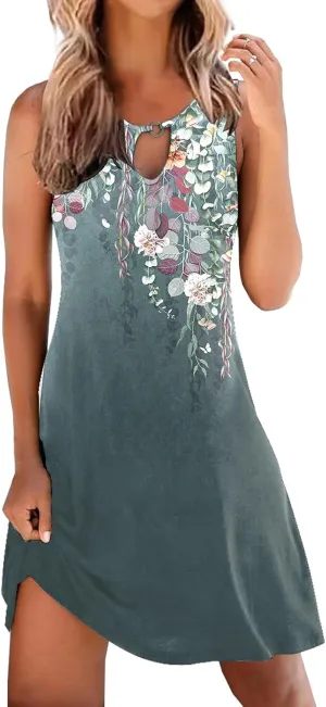ETCYY NEW Summer Dresses for Women Trendy Boho Floral Print Sundresses Sleeveless Beach Cover Up Dress with Pockets