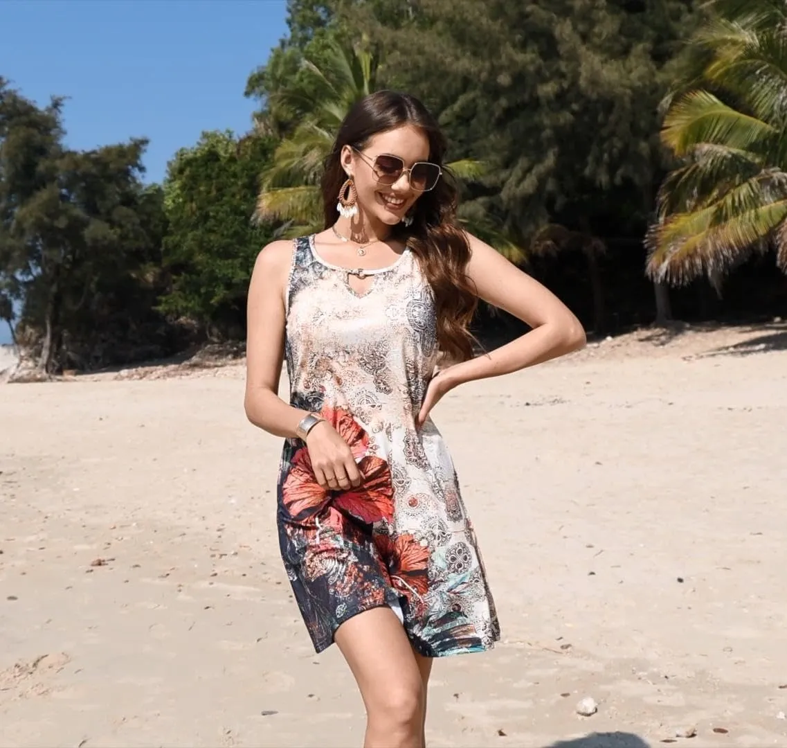 ETCYY NEW Summer Dresses for Women Trendy Boho Floral Print Sundresses Sleeveless Beach Cover Up Dress with Pockets