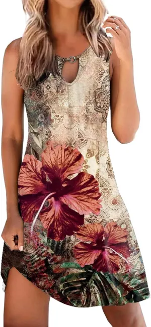 ETCYY NEW Summer Dresses for Women Trendy Boho Floral Print Sundresses Sleeveless Beach Cover Up Dress with Pockets